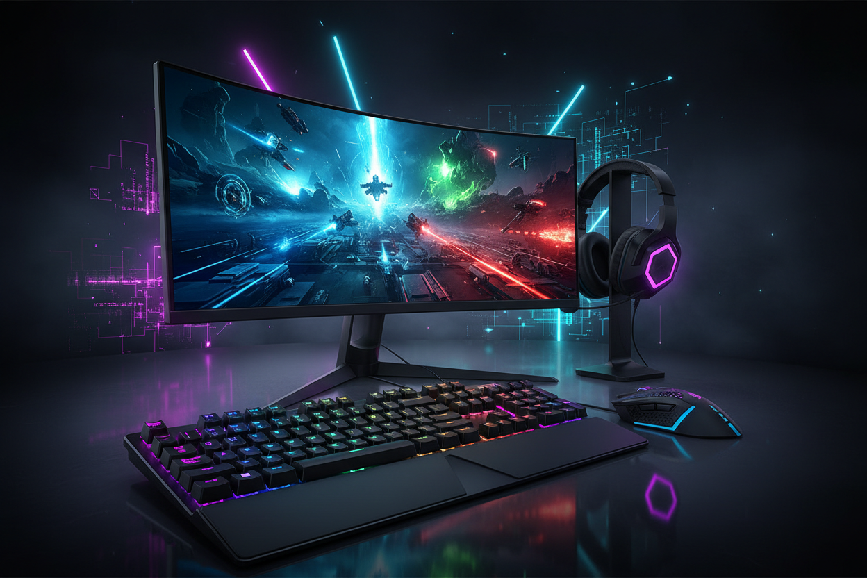 Hero Banner of a Gaming accessories website selling stuff like gaming mouse, keyboards, monitor, headphone etc.